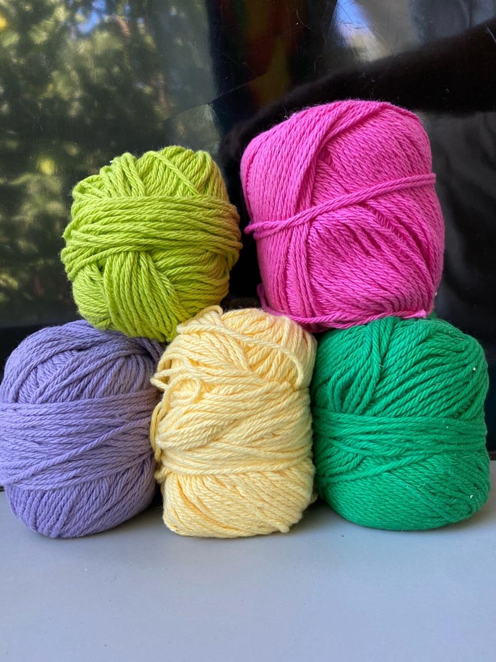 Cotton Yarn Lot. 4 ply Worsted Wt., greens, yellow, pink, purple. TOTAL: 10.8 oz